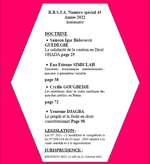 REVUE BENINOISE DES SCIENCES JURIDIQUES ET ADMINISTRATIVES N°43
